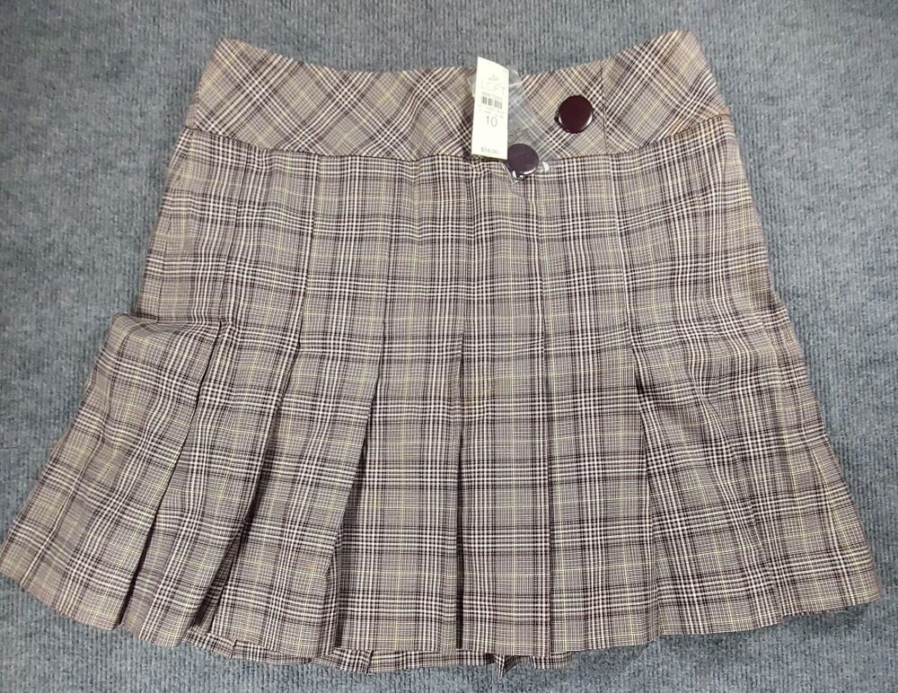 NWT LOFT Plaid Pleated Mini Skirt Size 10 Brown Beige Check Button Accent New